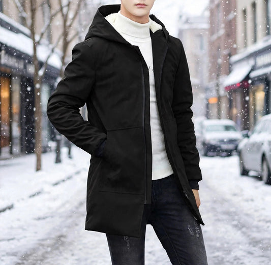 Men's fur hooded winter jacket in black on a snowy winter street